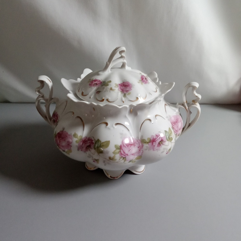 M.Z. Austria Antique Porcelain Covered Sugar Bowl Pink Roses Gold Gilt Victorian